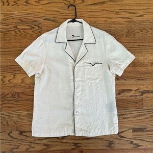 Tomobolo Linen Camp Collar Shirt in White/Parchment, Size S